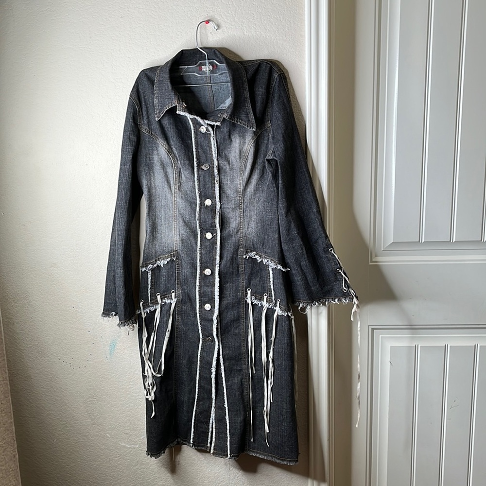 Connection 18 Distressed Black Denim Duster with White Fringe